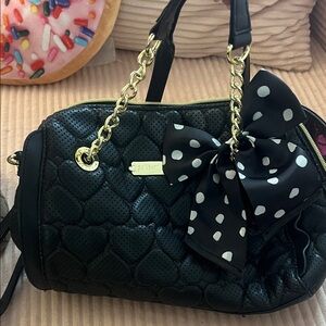 Betsey Johnson Black Quilted Heart Satchel Polka Dot Bow Chain Strap Purse